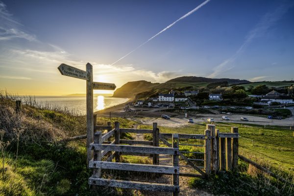 Golden Cap kissing gate at sunset
