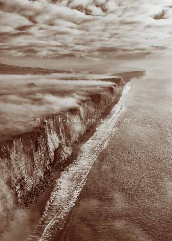 East cliff misty morning aerial view in black and white (portrait) (sepia)